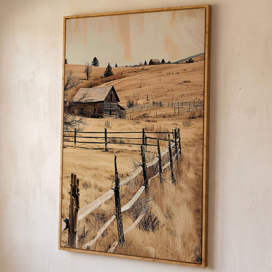Rustic Old Barn Canvas Wall Art | Weathered Fence Rural Landscape shown in white oak floating frame