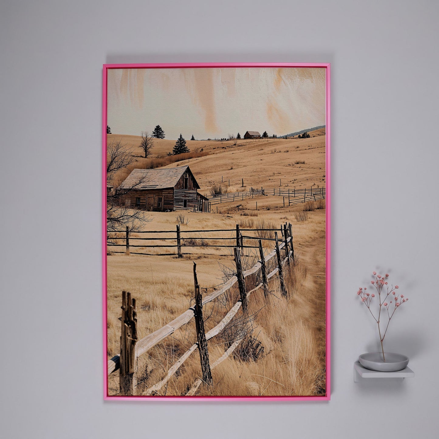 Rustic Old Barn Canvas Wall Art | Weathered Fence Rural Landscape in pink floating frame