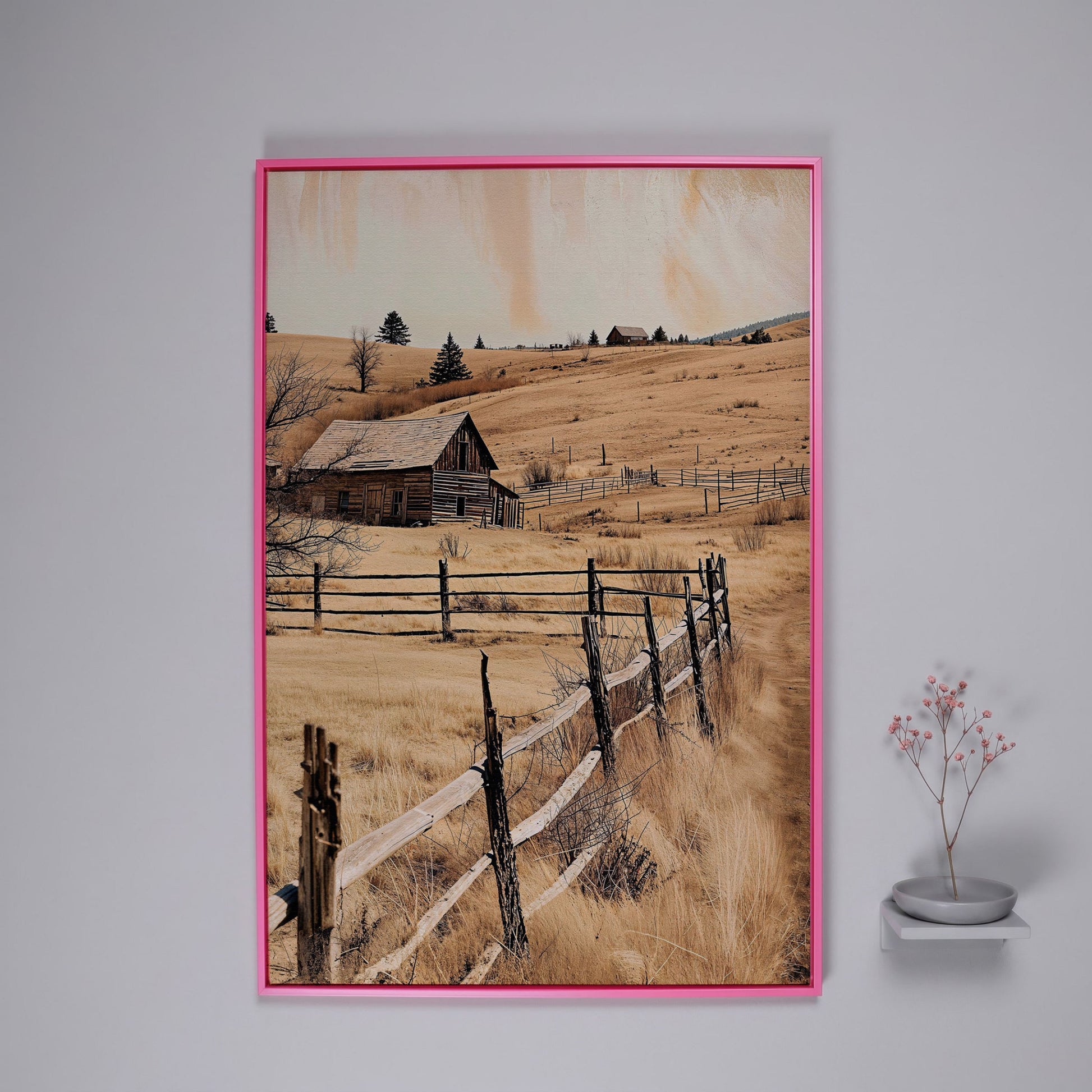 Rustic Old Barn Canvas Wall Art | Weathered Fence Rural Landscape in pink floating frame
