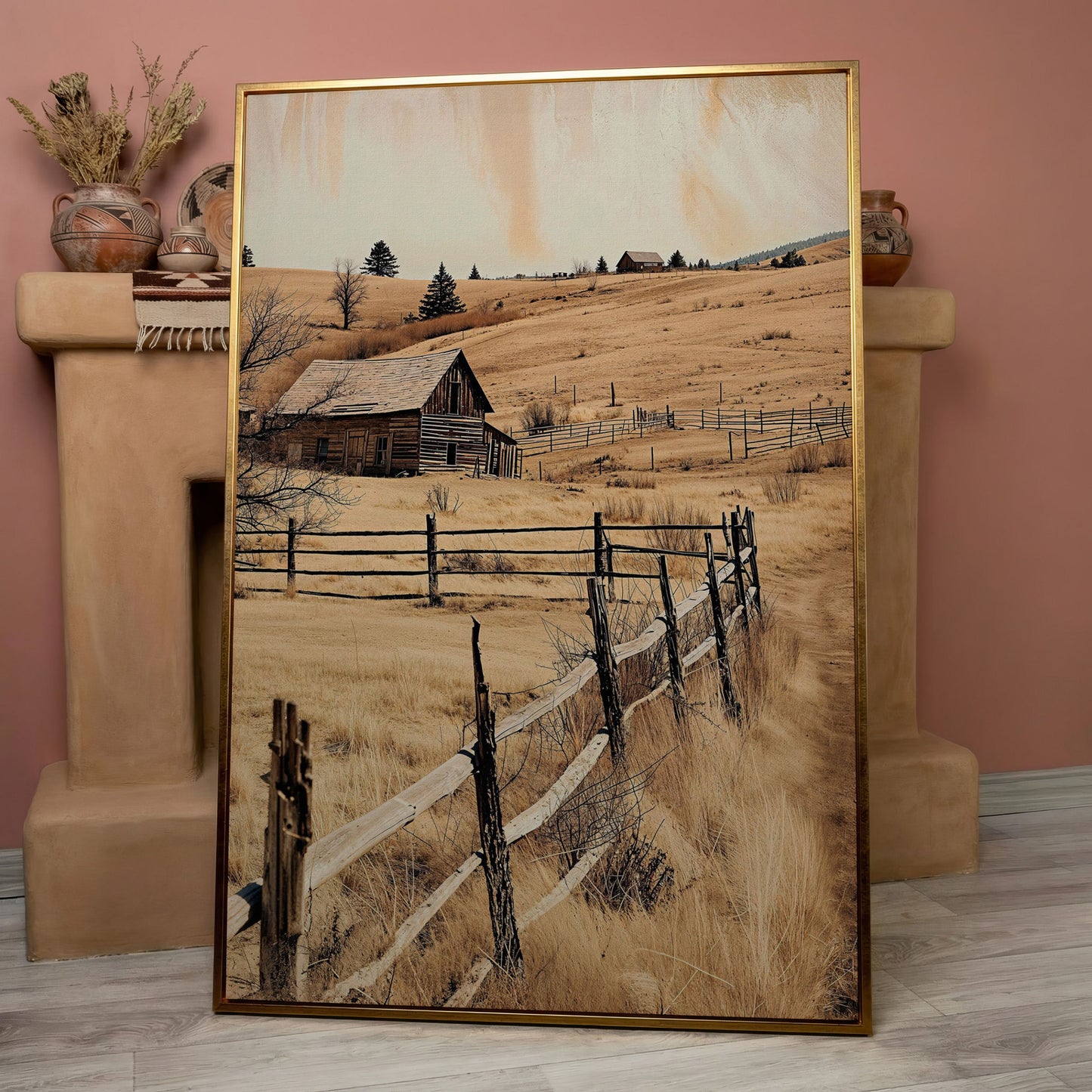 Rustic Old Barn Canvas Wall Art | Weathered Fence Rural Landscape in rose gold floating frame