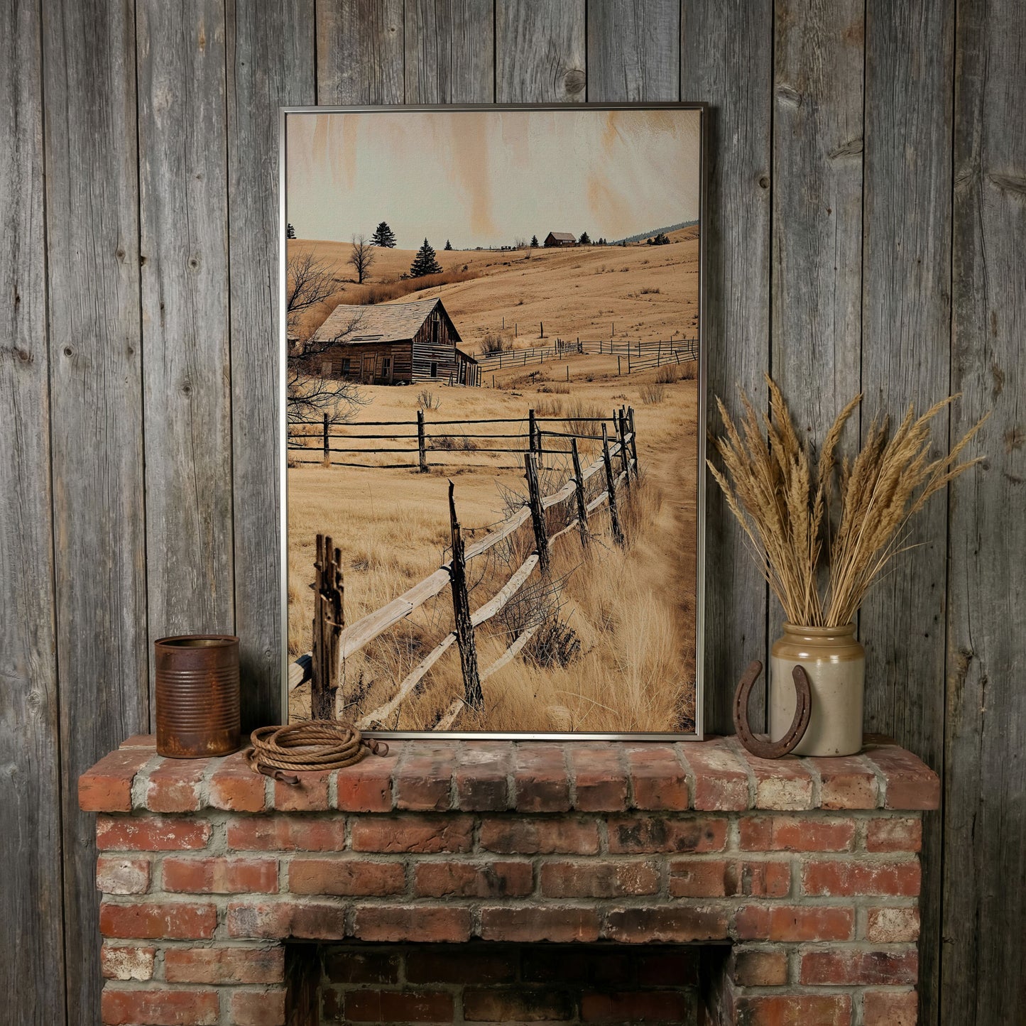 Rustic Old Barn Canvas Wall Art | Weathered Fence Rural Landscape in silver floating frame
