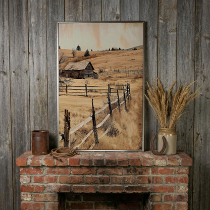 Rustic Old Barn Canvas Wall Art | Weathered Fence Rural Landscape in silver floating frame