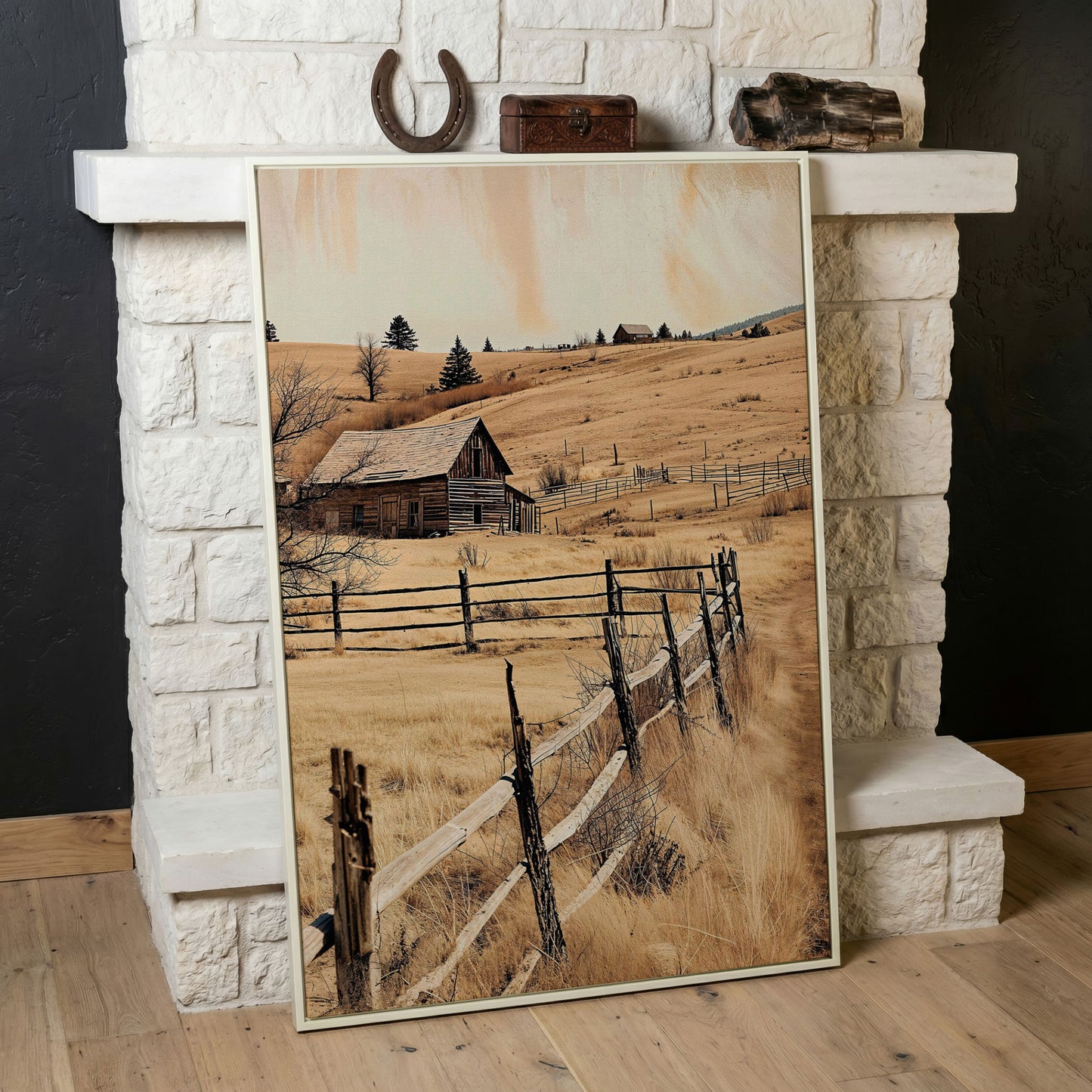 Rustic Old Barn Canvas Wall Art | Weathered Fence Rural Landscape in white floating frame