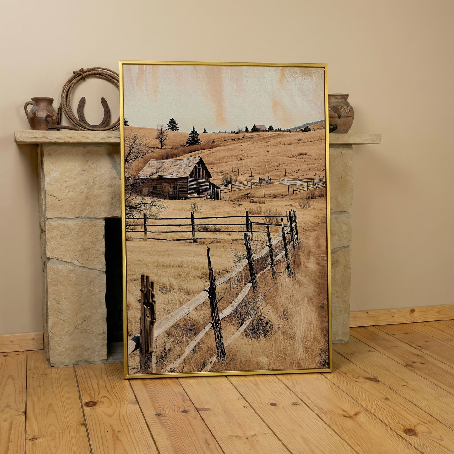 Rustic Old Barn Canvas Wall Art | Weathered Fence Rural Landscape in yellow gold floating frame