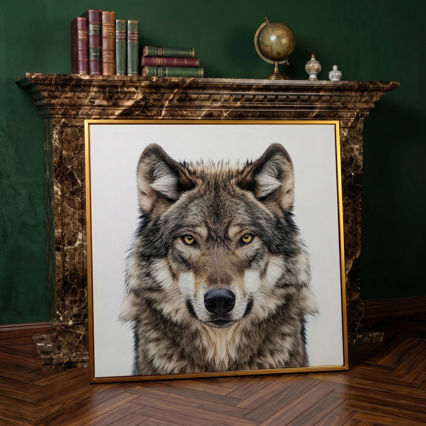 Wolf Face Close-Up Canvas Wall Art, Square Sizes 16" to 55" in antique gold floating frame