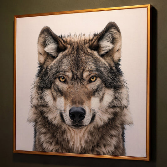 Wolf Face Close-Up Canvas Wall Art, Square Sizes 16" to 55" shown in antique gold floating frame