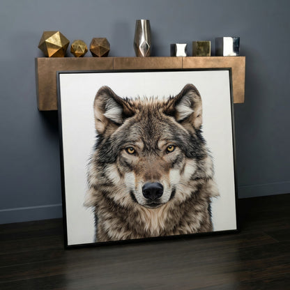 Wolf Face Close-Up Canvas Wall Art, Square Sizes 16" to 55" in black floating frame