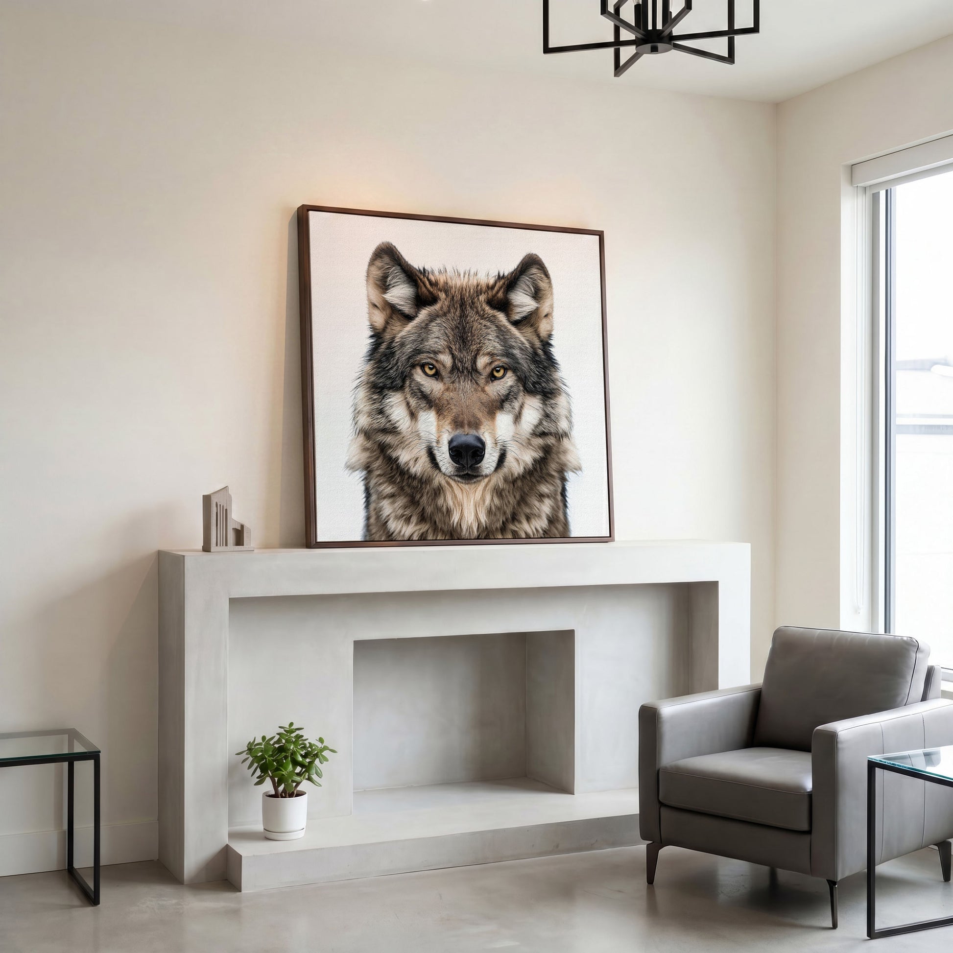Wolf Face Close-Up Canvas Wall Art, Square Sizes 16" to 55" in dark walnut floating frame