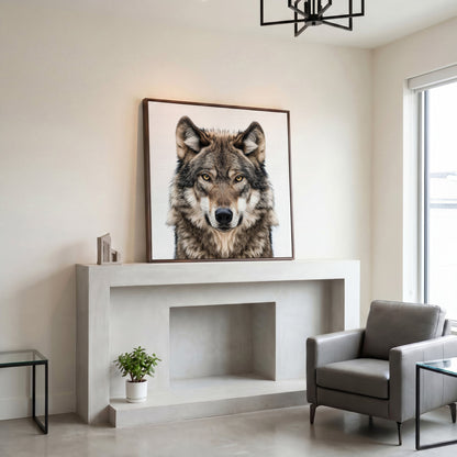 Wolf Face Close-Up Canvas Wall Art, Square Sizes 16" to 55" in dark walnut floating frame