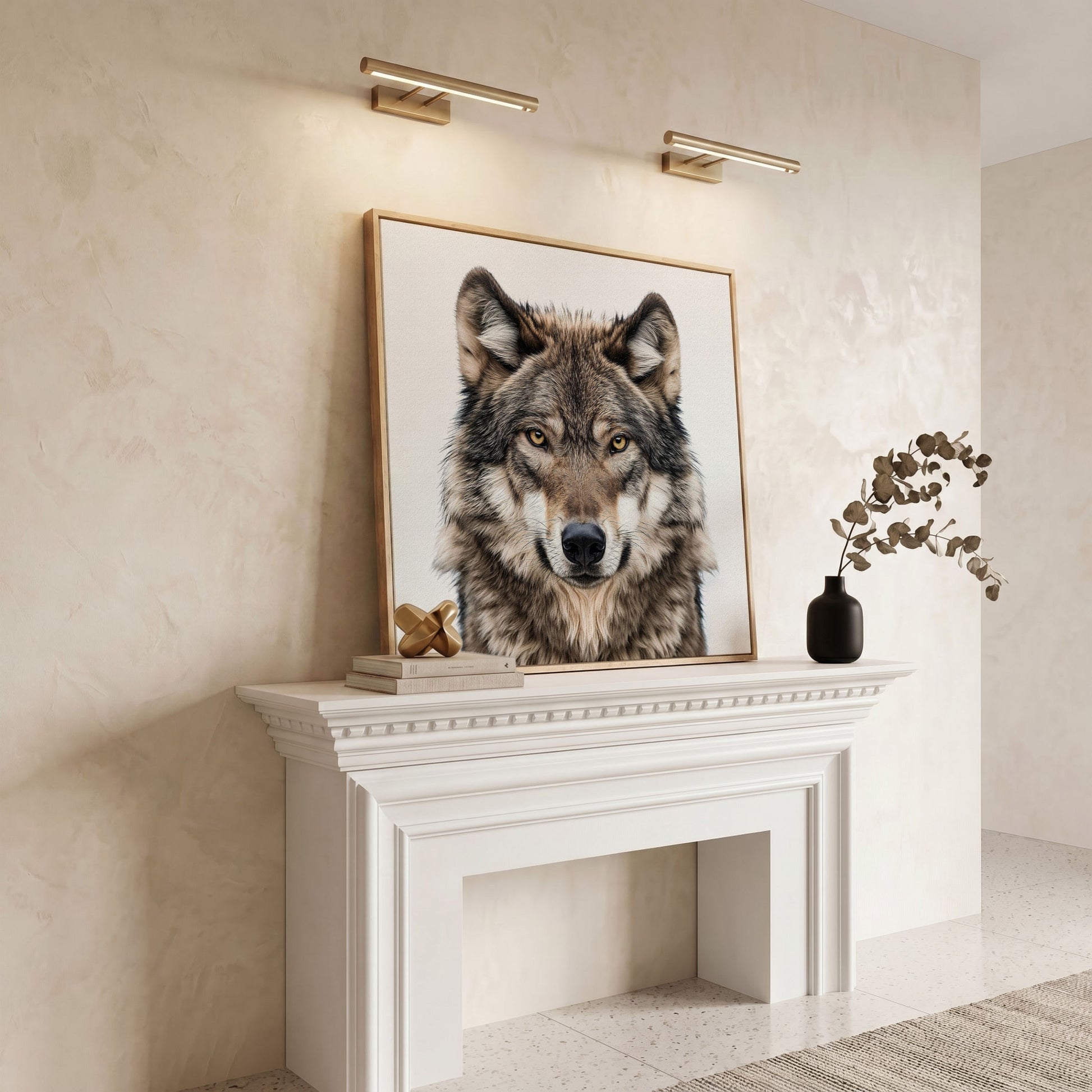 Wolf Face Close-Up Canvas Wall Art, Square Sizes 16" to 55" in white oak floating frame