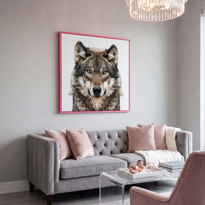 Wolf Face Close-Up Canvas Wall Art, Square Sizes 16" to 55" in pink floating frame