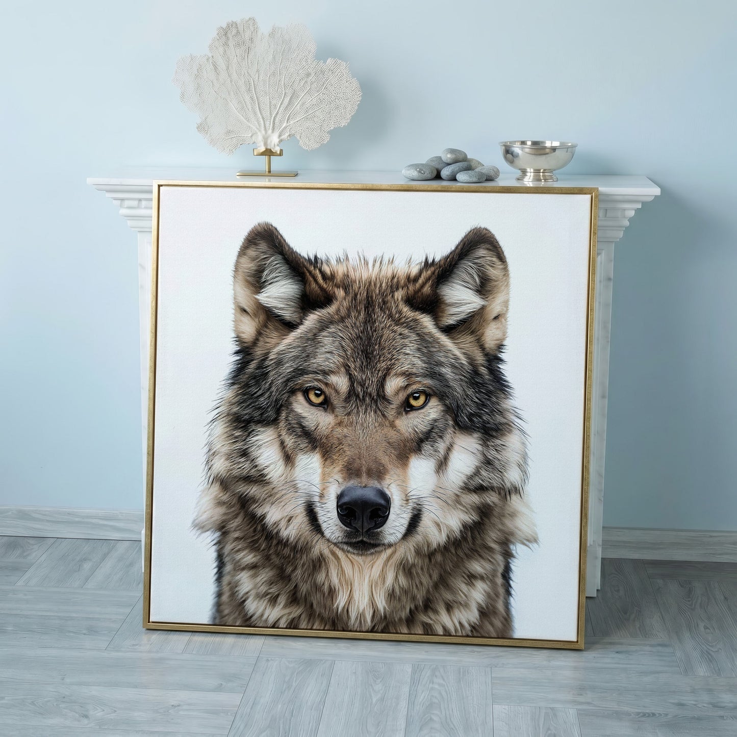 Wolf Face Close-Up Canvas Wall Art, Square Sizes 16" to 55" in rose gold floating frame