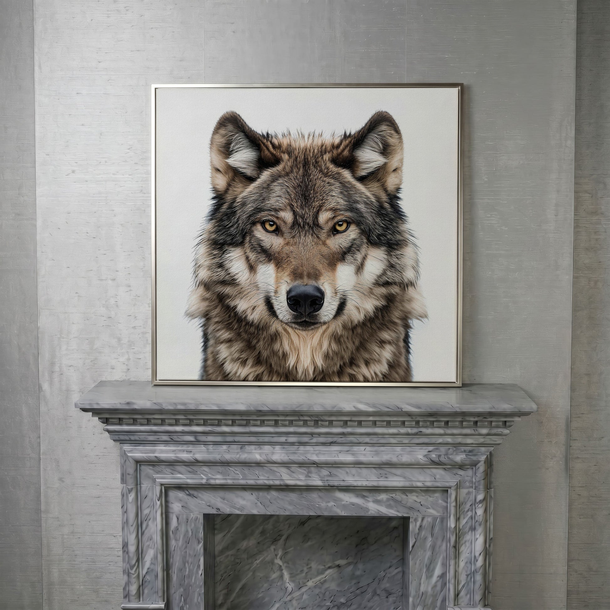 Wolf Face Close-Up Canvas Wall Art, Square Sizes 16" to 55" in silver floating frame