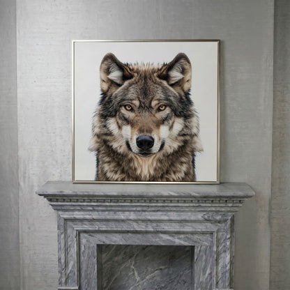 Wolf Face Close-Up Canvas Wall Art, Square Sizes 16" to 55" in silver floating frame