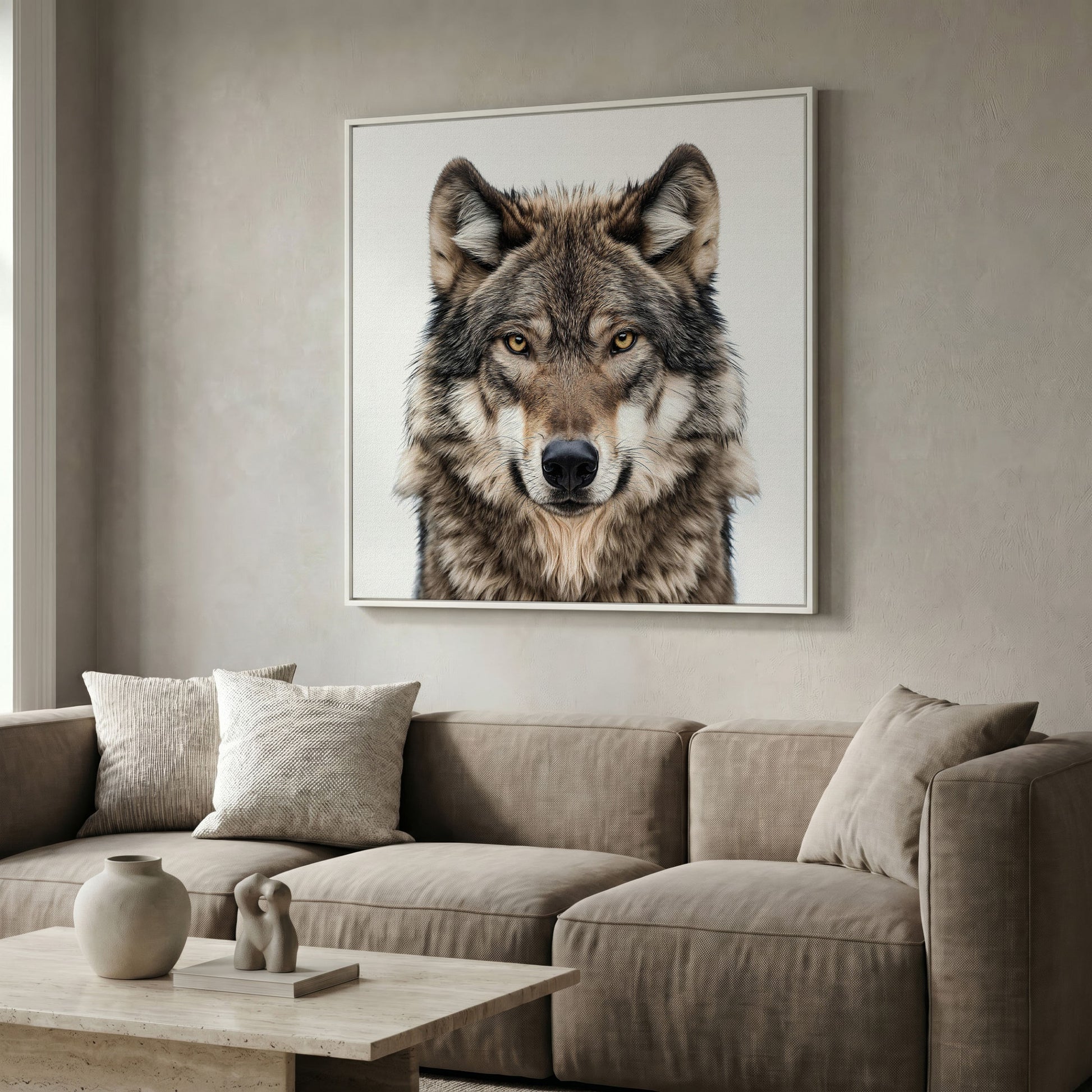 Wolf Face Close-Up Canvas Wall Art, Square Sizes 16" to 55" in white floating frame