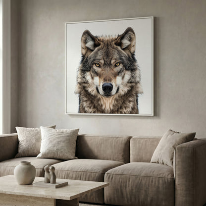 Wolf Face Close-Up Canvas Wall Art, Square Sizes 16" to 55" in white floating frame