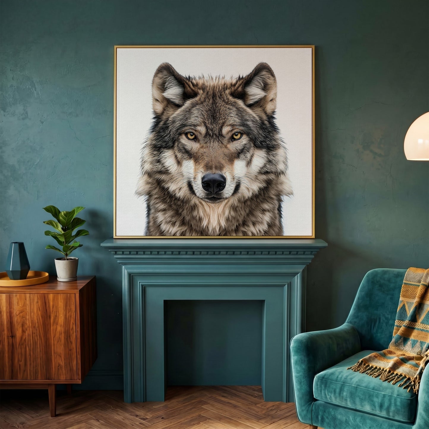 Wolf Face Close-Up Canvas Wall Art, Square Sizes 16" to 55" in yellow gold floating frame