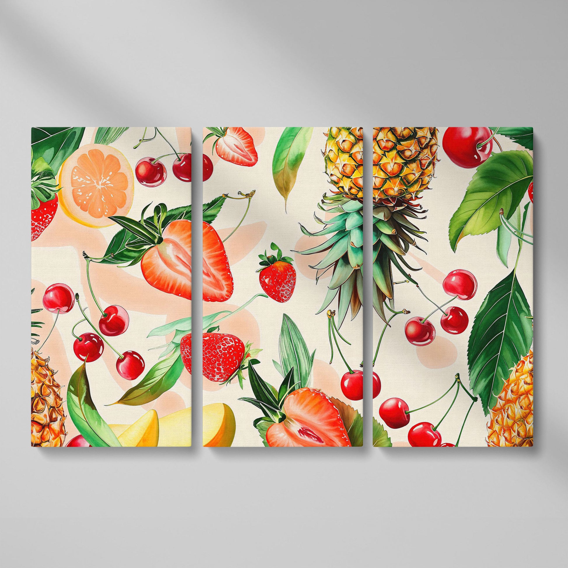 Tropical Fruit Collage Canvas Wall Art, Pineapple and Berries as 3-panel split version