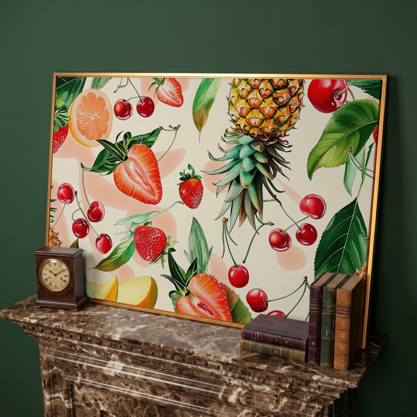 Tropical Fruit Collage Canvas Wall Art, Pineapple and Berries in antique gold floating frame