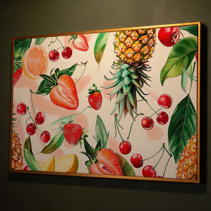 Tropical Fruit Collage Canvas Wall Art, Pineapple and Berries shown in antique gold floating frame