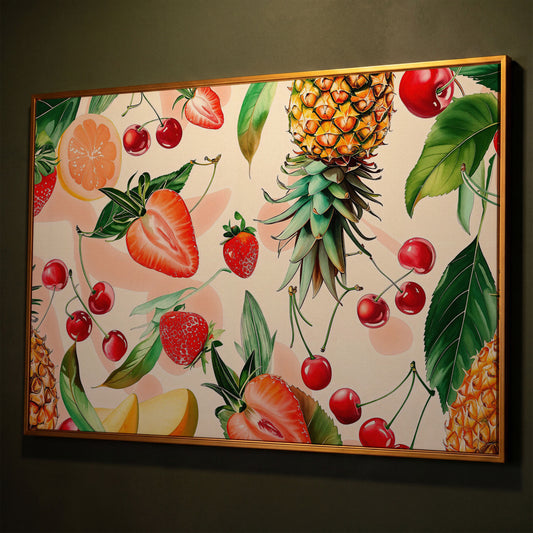 Tropical Fruit Collage Canvas Wall Art, Pineapple and Berries shown in antique gold floating frame