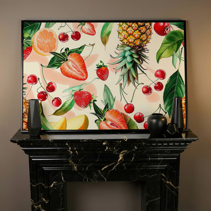 Tropical Fruit Collage Canvas Wall Art, Pineapple and Berries in black floating frame
