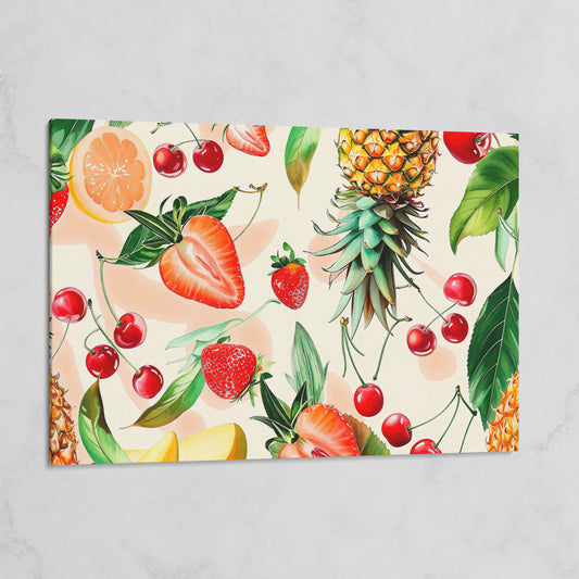 Tropical Fruit Collage Canvas Wall Art, Pineapple and Berries on gallery wrap
