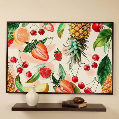 Tropical Fruit Collage Canvas Wall Art, Pineapple and Berries in dark walnut floating frame