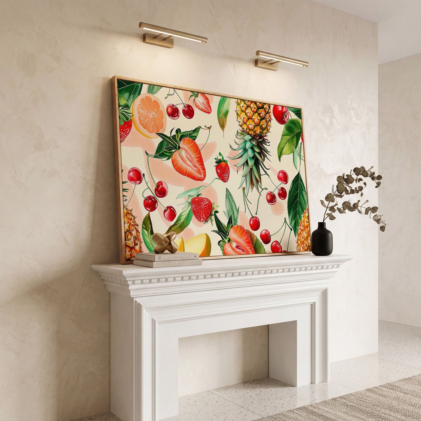 Tropical Fruit Collage Canvas Wall Art, Pineapple and Berries in white oak floating frame