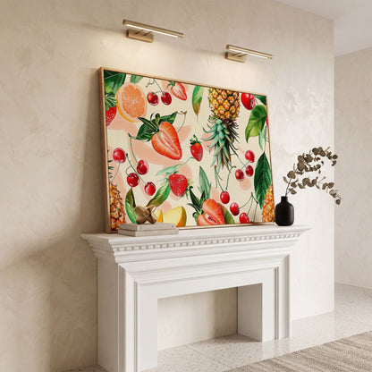 Tropical Fruit Collage Canvas Wall Art, Pineapple and Berries in white oak floating frame