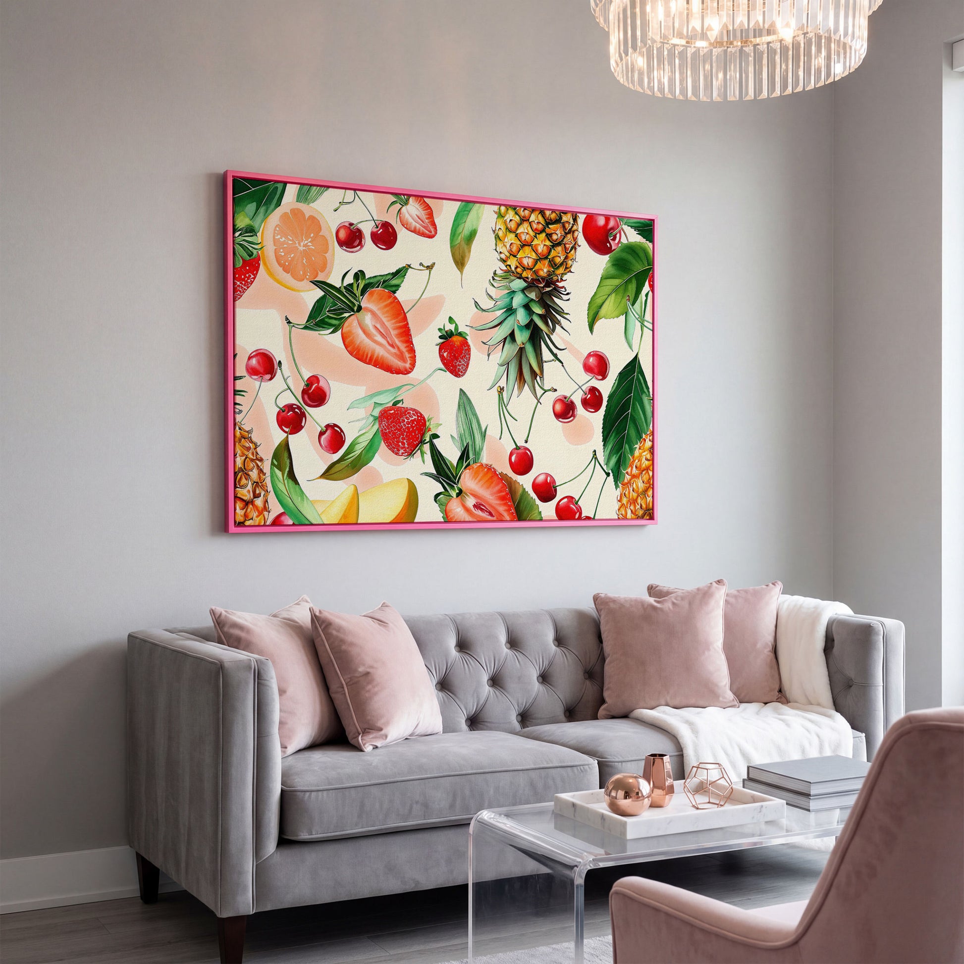 Tropical Fruit Collage Canvas Wall Art, Pineapple and Berries in pink floating frame