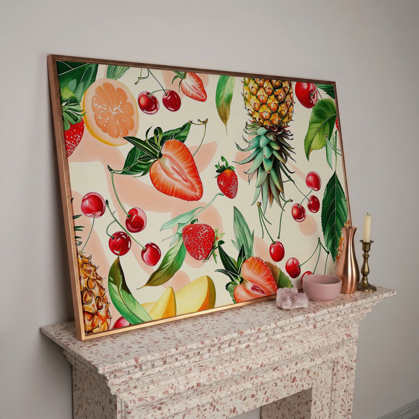 Tropical Fruit Collage Canvas Wall Art, Pineapple and Berries in rose gold floating frame
