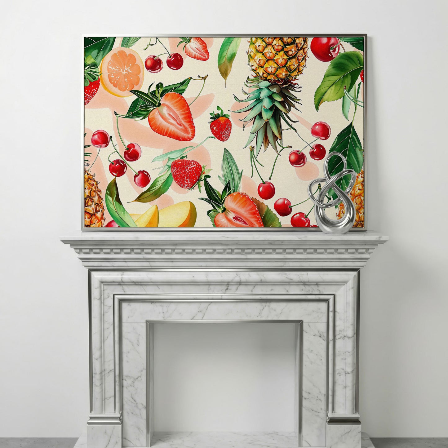 Tropical Fruit Collage Canvas Wall Art, Pineapple and Berries in silver floating frame
