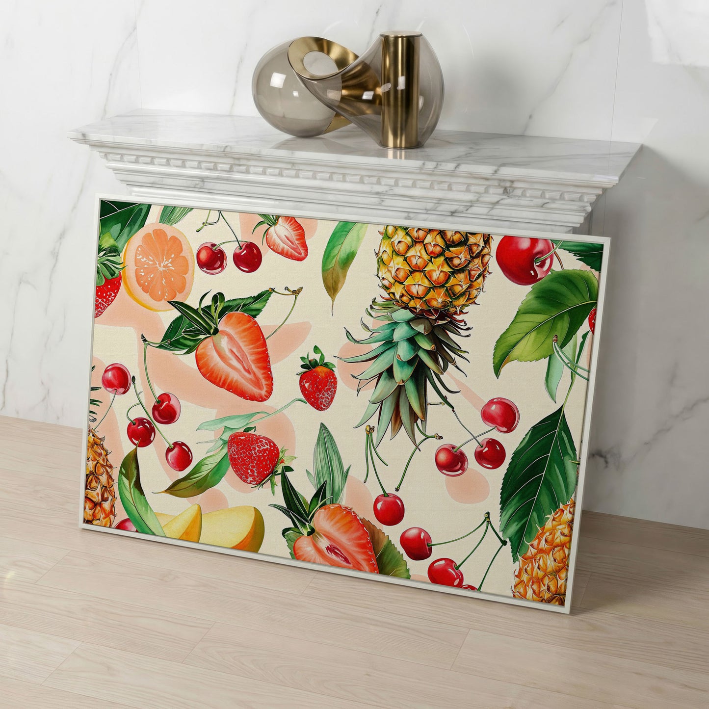 Tropical Fruit Collage Canvas Wall Art, Pineapple and Berries in white floating frame