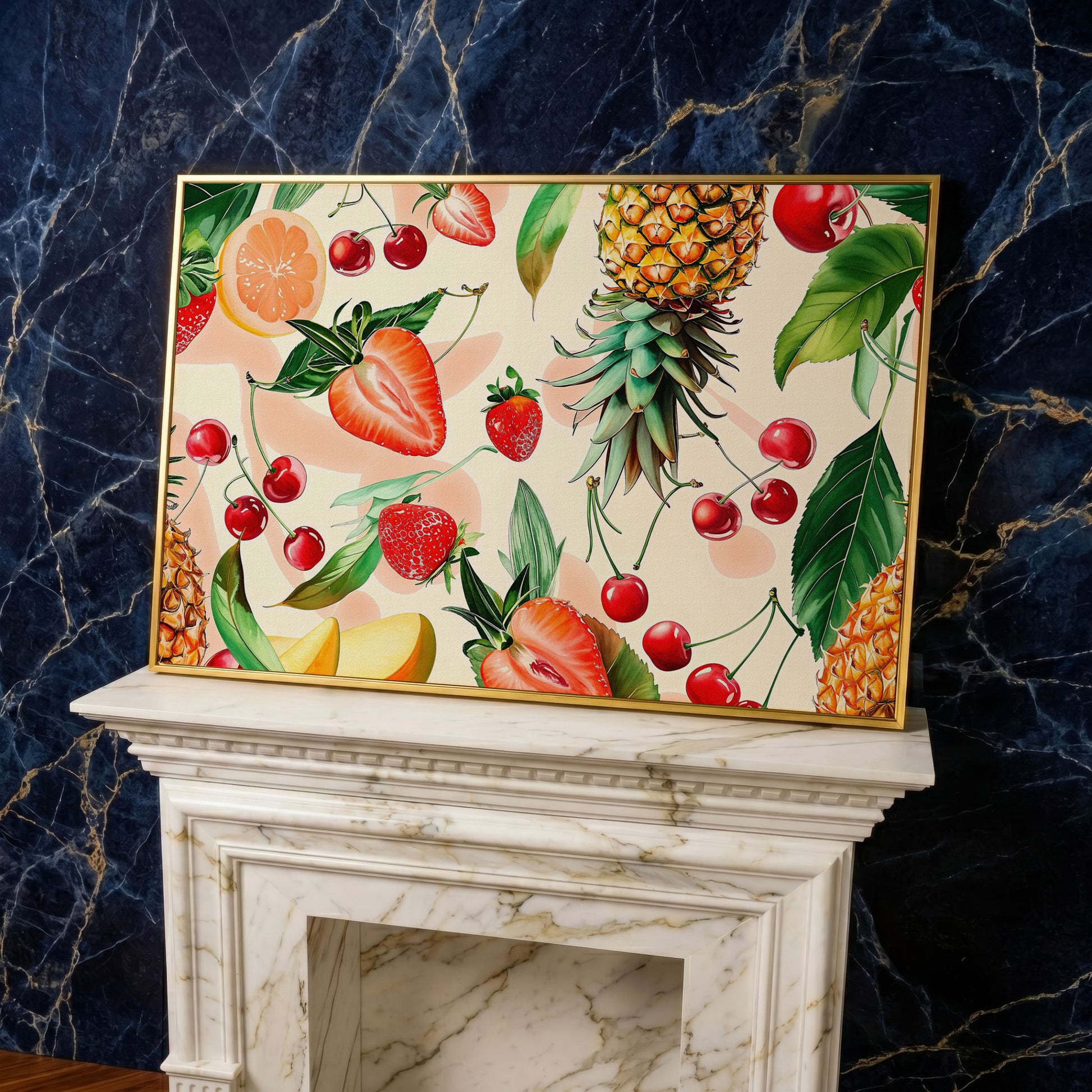 Tropical Fruit Collage Canvas Wall Art, Pineapple and Berries in yellow gold floating frame