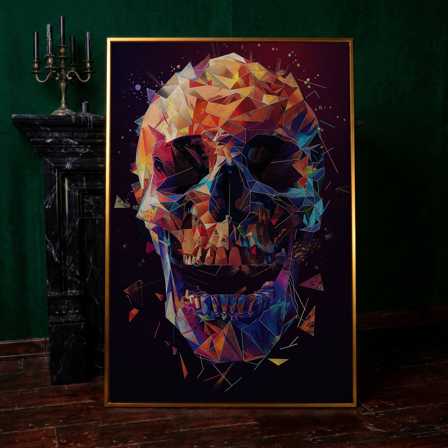 Geometric Skull Canvas Wall Art, Abstract Colorful Portrait in antique gold floating frame