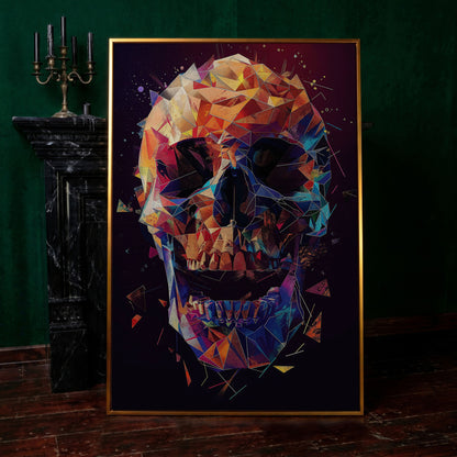 Geometric Skull Canvas Wall Art, Abstract Colorful Portrait in antique gold floating frame