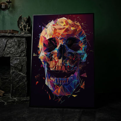 Geometric Skull Canvas Wall Art, Abstract Colorful Portrait in black floating frame
