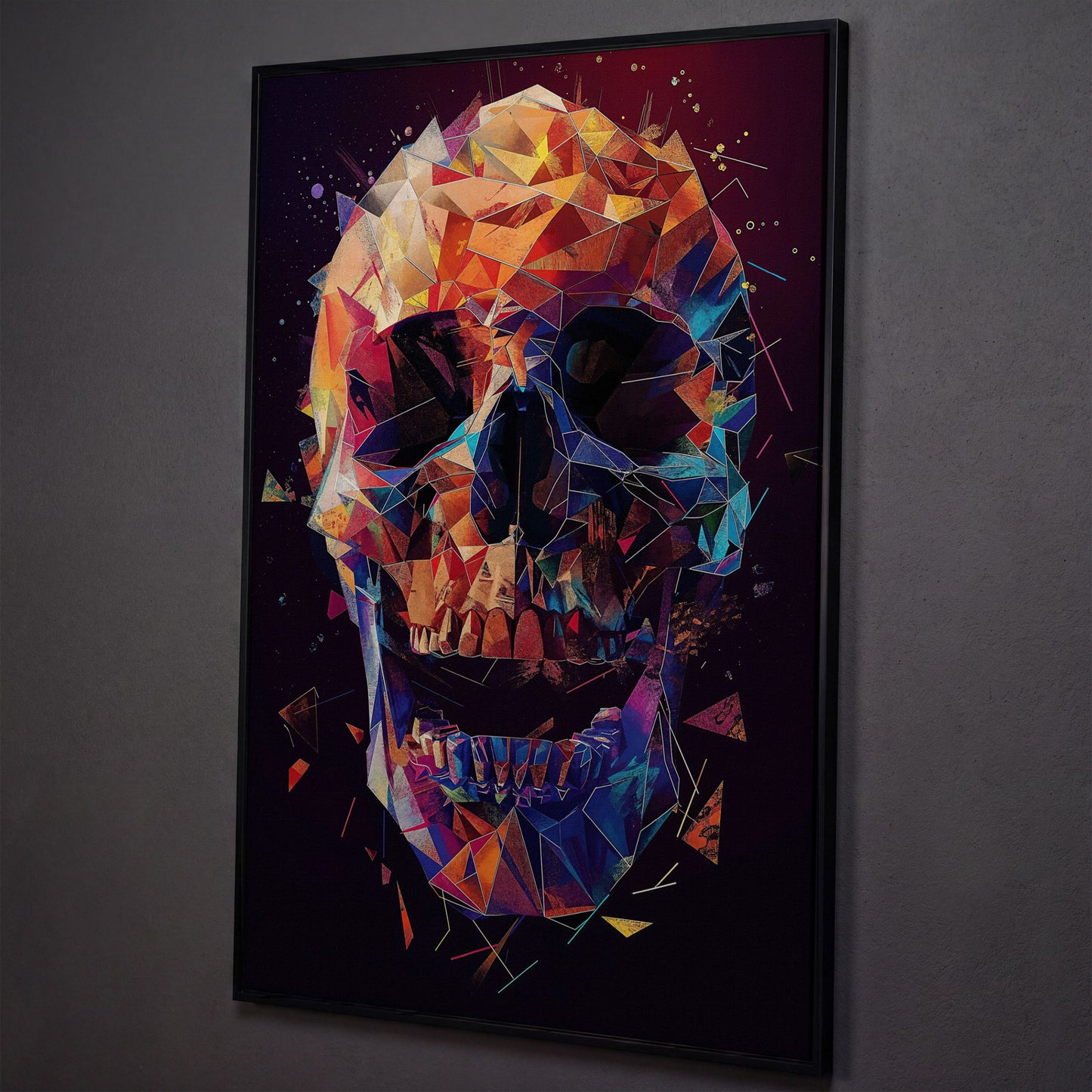 Geometric Skull Canvas Wall Art, Abstract Colorful Portrait shown in black floating frame