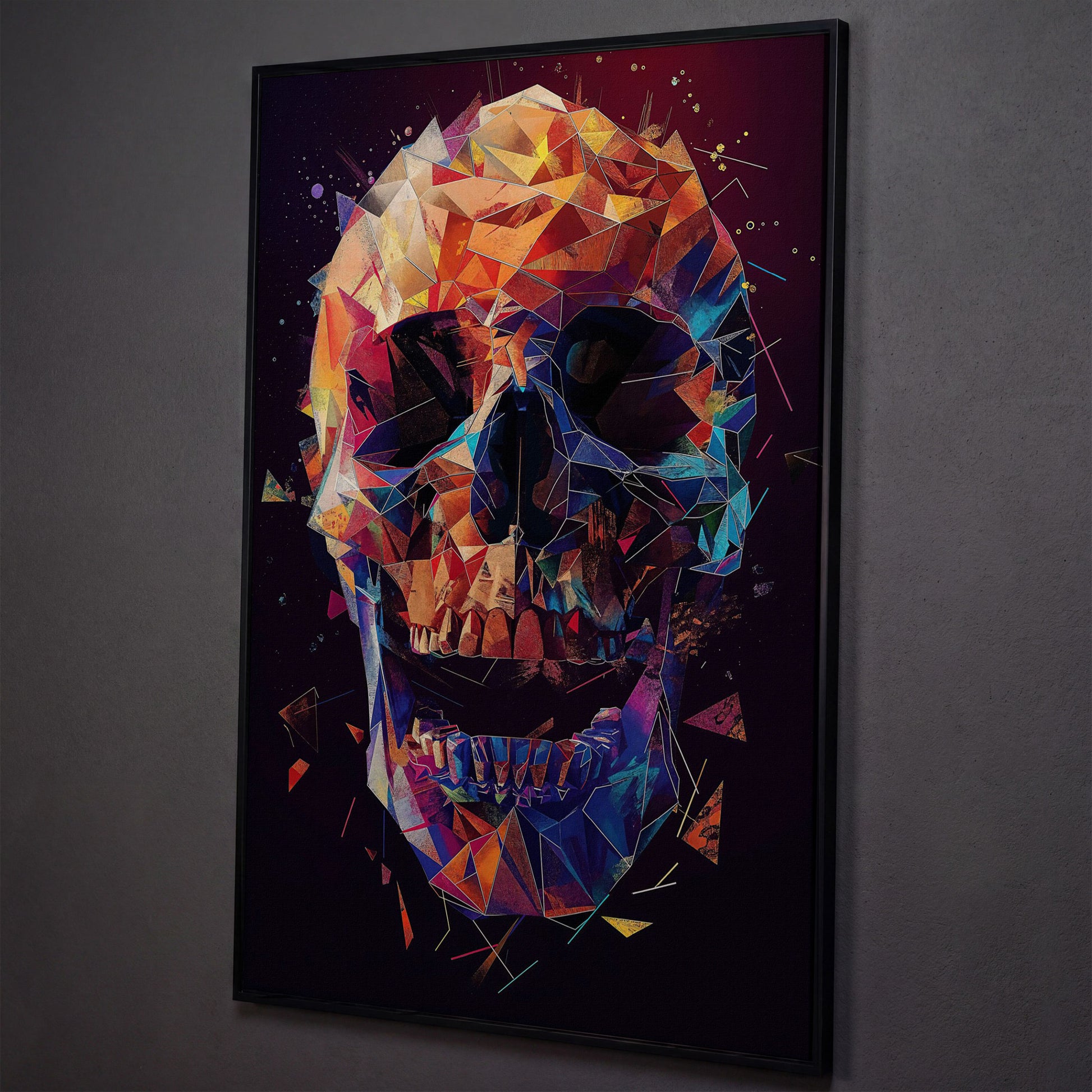 Geometric Skull Canvas Wall Art, Abstract Colorful Portrait shown in black floating frame