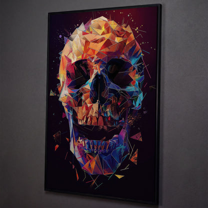 Geometric Skull Canvas Wall Art, Abstract Colorful Portrait shown in black floating frame
