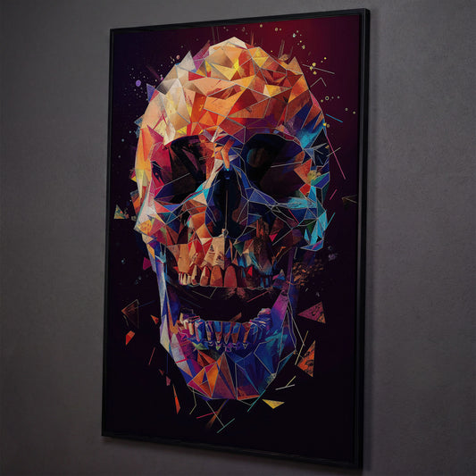 Geometric Skull Canvas Wall Art, Abstract Colorful Portrait shown in black floating frame