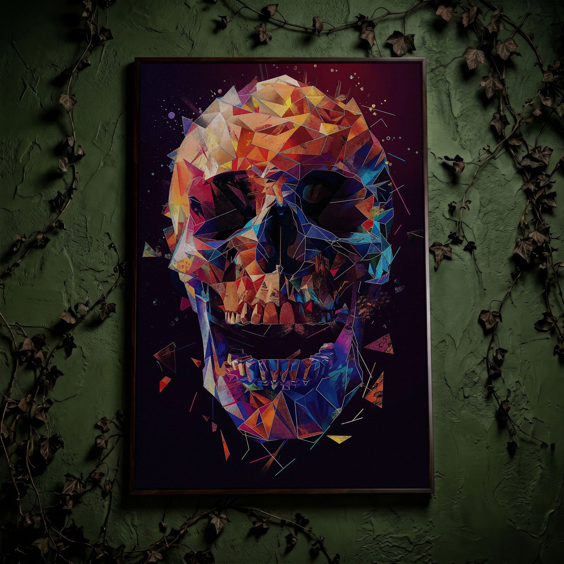 Geometric Skull Canvas Wall Art, Abstract Colorful Portrait in dark walnut floating frame