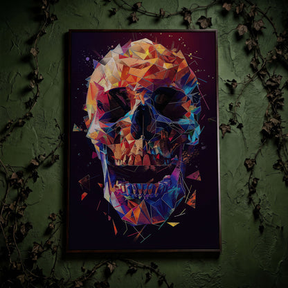 Geometric Skull Canvas Wall Art, Abstract Colorful Portrait in dark walnut floating frame