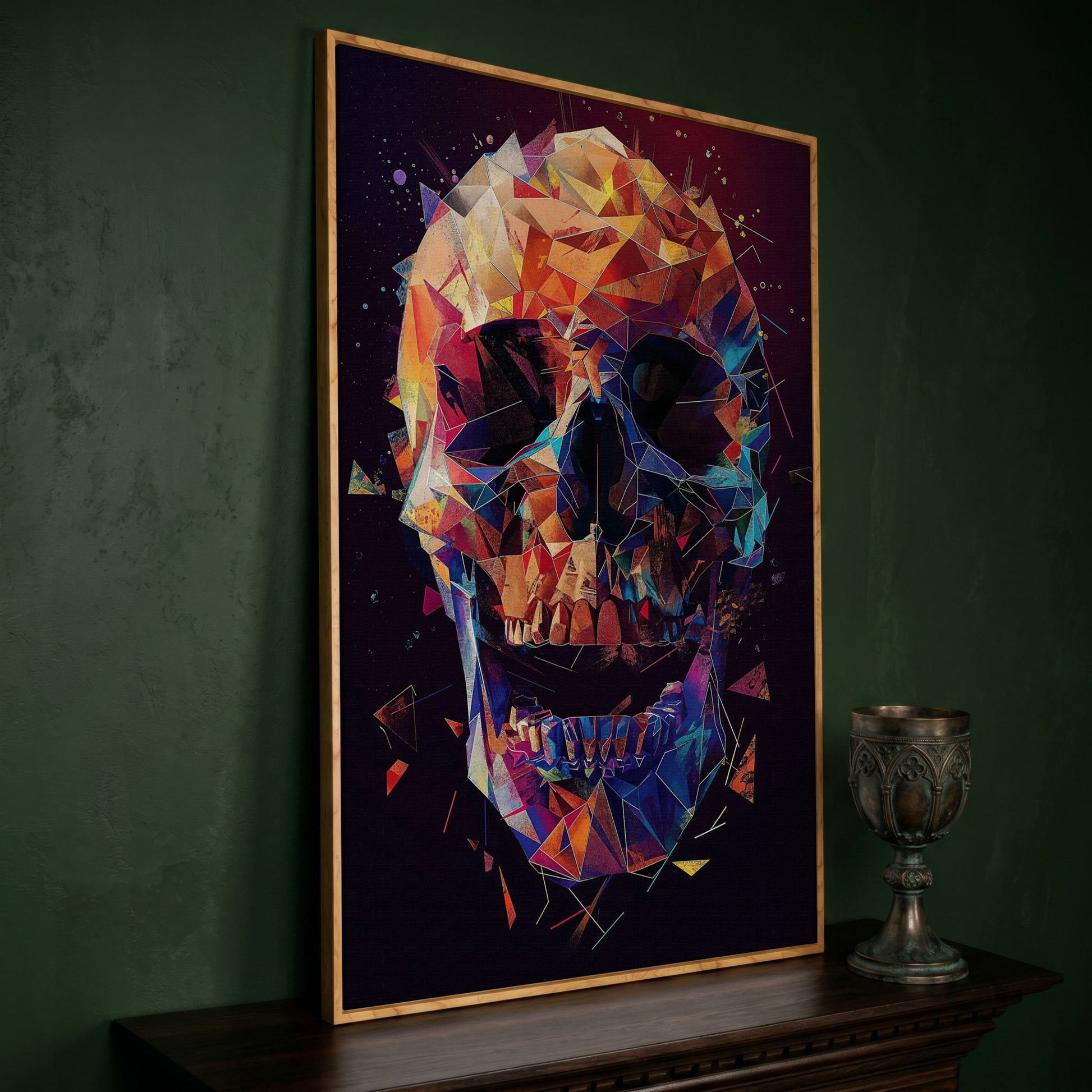 Geometric Skull Canvas Wall Art, Abstract Colorful Portrait in white oak floating frame
