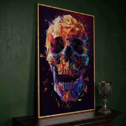 Geometric Skull Canvas Wall Art, Abstract Colorful Portrait in white oak floating frame