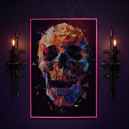 Geometric Skull Canvas Wall Art, Abstract Colorful Portrait in pink floating frame
