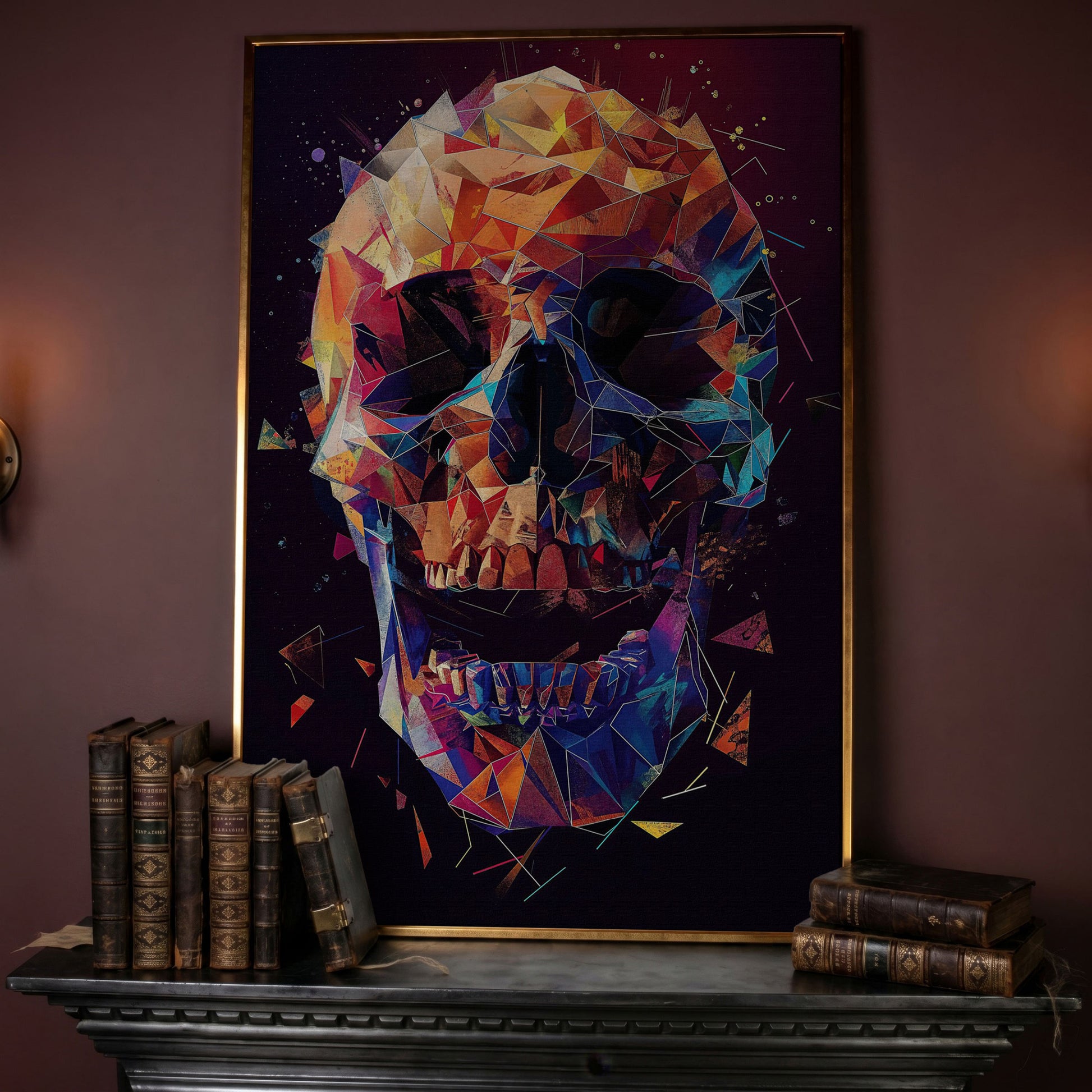 Geometric Skull Canvas Wall Art, Abstract Colorful Portrait in rose gold floating frame