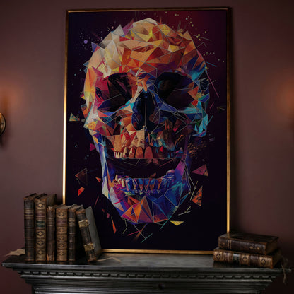 Geometric Skull Canvas Wall Art, Abstract Colorful Portrait in rose gold floating frame