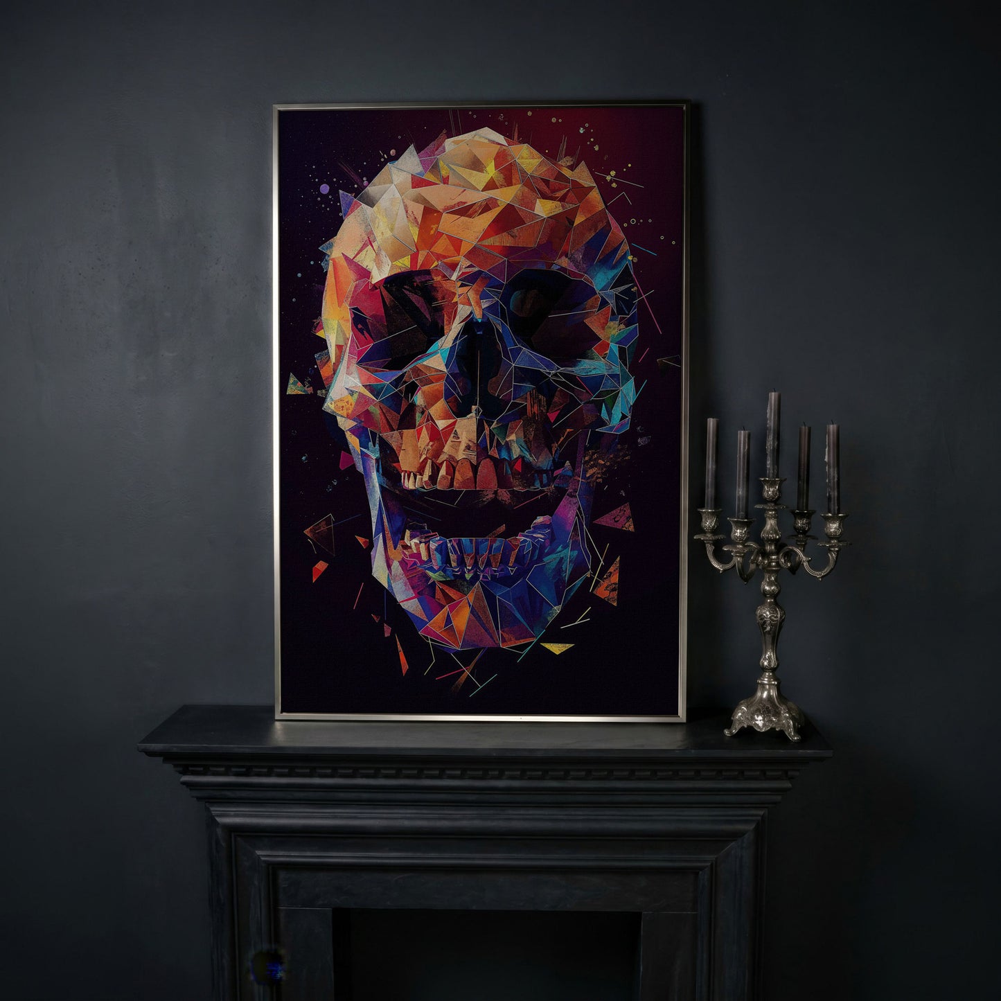 Geometric Skull Canvas Wall Art, Abstract Colorful Portrait in silver floating frame